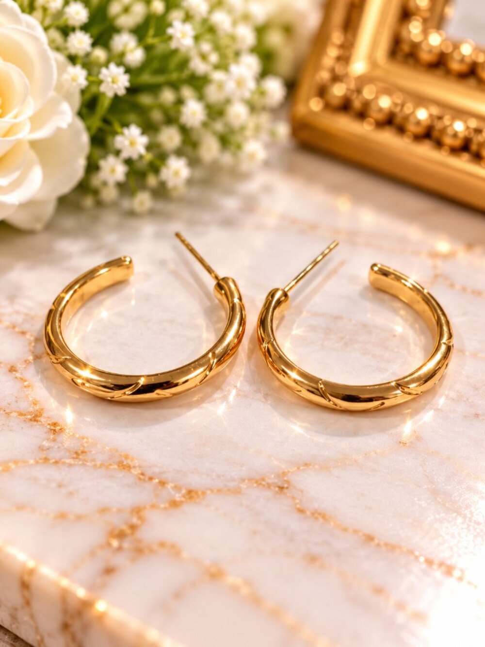 Gold Textured Hoop Earrings Classic Medium Everyday Statement Hoops Jewelry